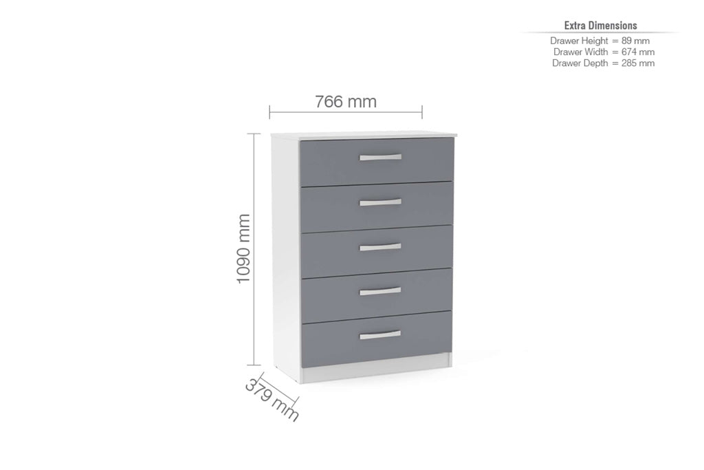 Birlea Lynx White & Grey 5 Drawer Chest — view 2