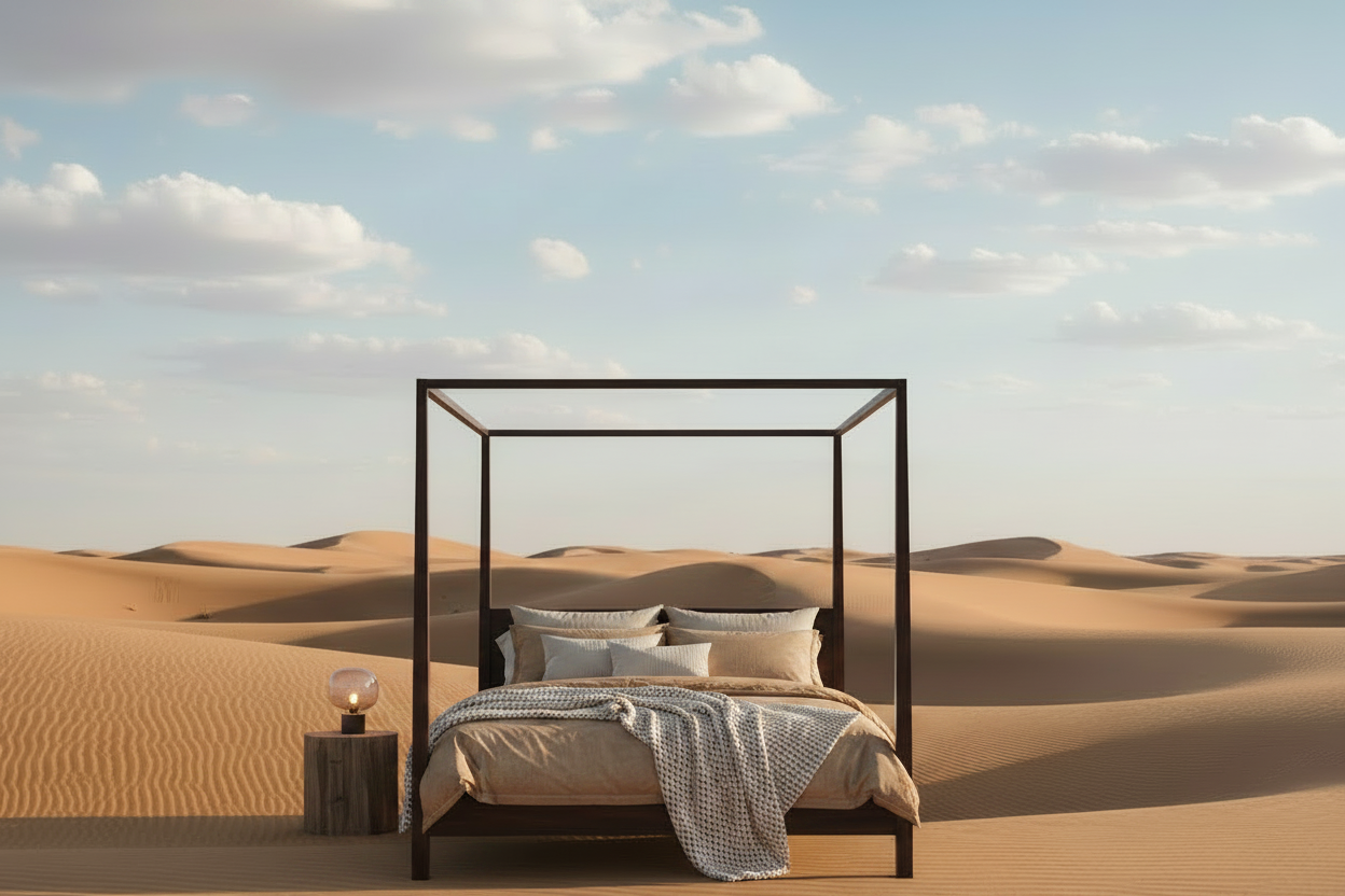 Homely four-poster bed in desert with thick clouds