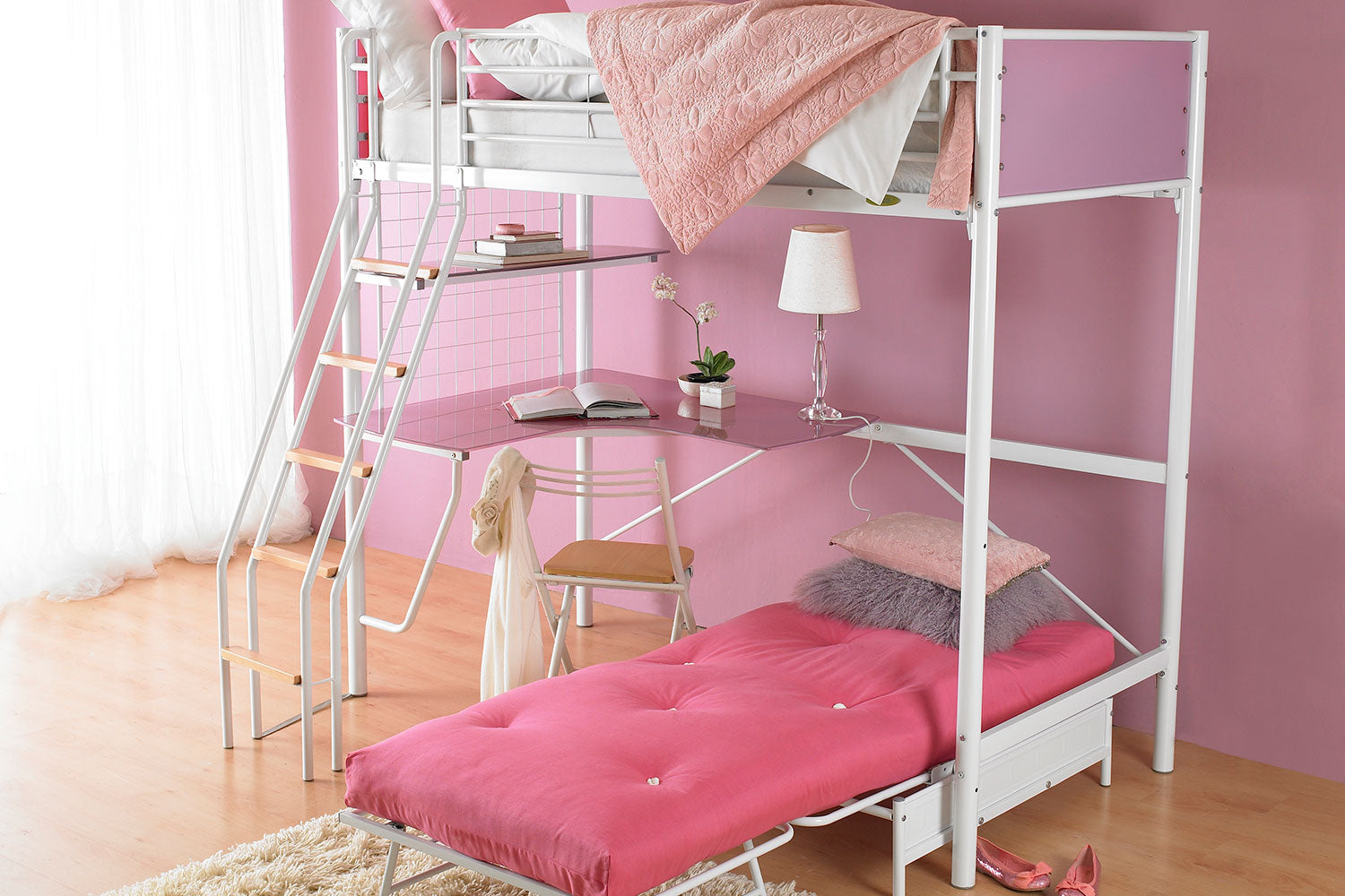 Hyder Cosmic Pink & White Bunk Bed with Futon — view 2