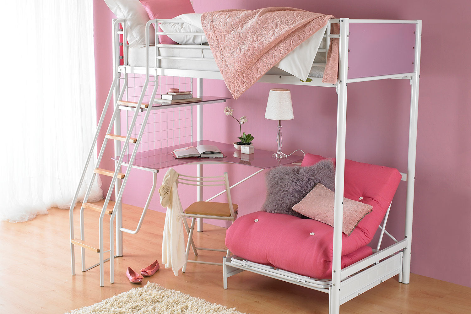 Hyder Cosmic Pink & White Bunk Bed with Futon